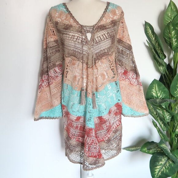 Soft Surroundings Multicolor Turquoise Red Crochet Tassel Boho Tunic Top Size L - Picture 4 of 16